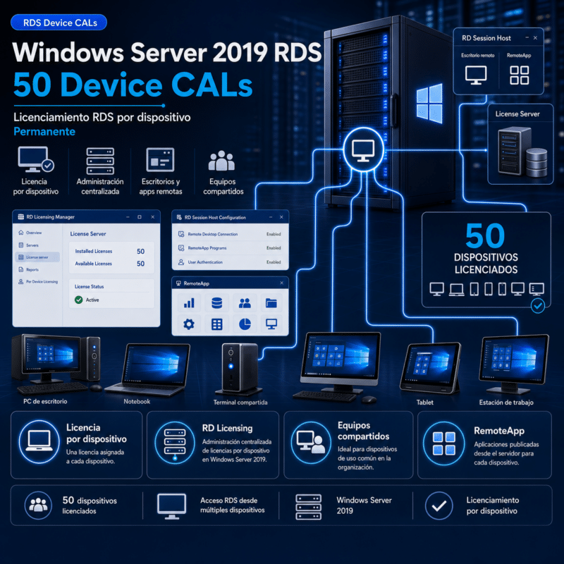 Windows Server 2019 RDS - 50 Device CALs - Permanente - Hero galeria