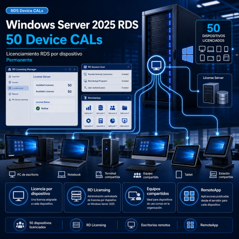 Windows Server 2025 RDS - 50 Device CALs - Permanente - Hero galeria