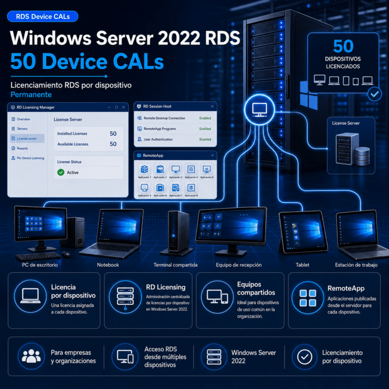 Windows Server 2022 RDS - 50 Device CALs - Permanente - Hero galeria