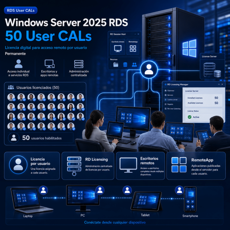 Windows Server 2025 RDS - 50 User CALs - Permanente - Hero galeria