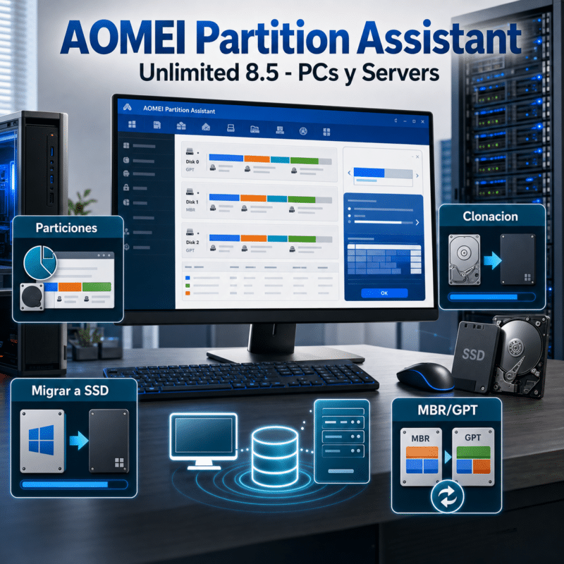AOMEI Partition Assistant Unlimited 8.5 - PCs y Servers - Licencia Digital Permanente - Hero galeria