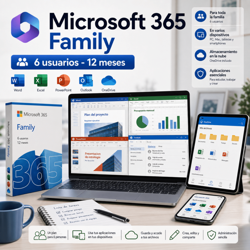 Microsoft 365 Family - 6 Usuarios - 12 Meses - Hero galeria