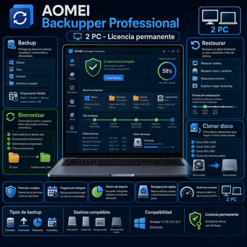 AOMEI Backupper Professional - 2 PC - Licencia Digital Permanente - Hero galeria