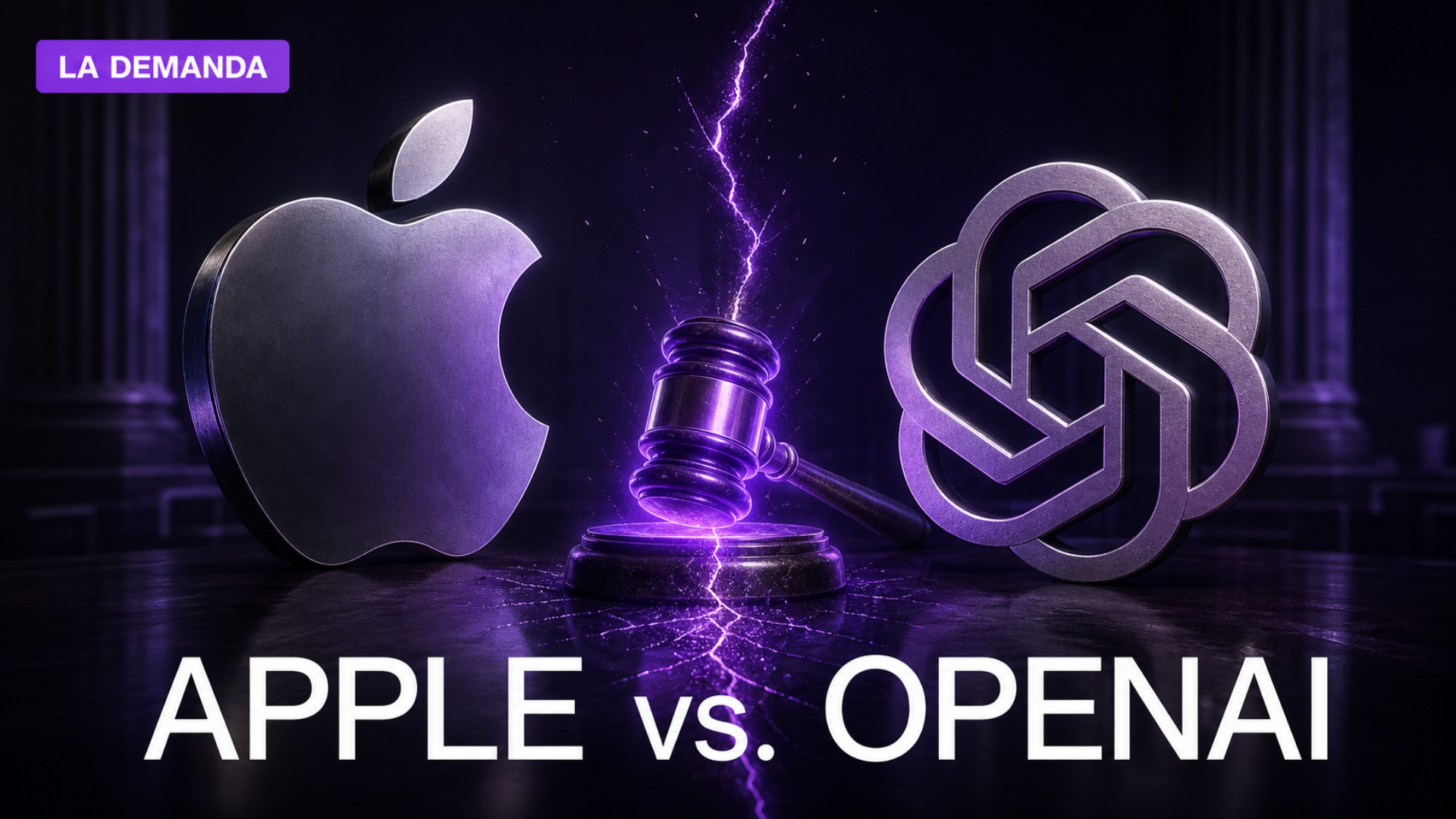 Ilustración editorial del enfrentamiento legal entre Apple y OpenAI por secretos comerciales