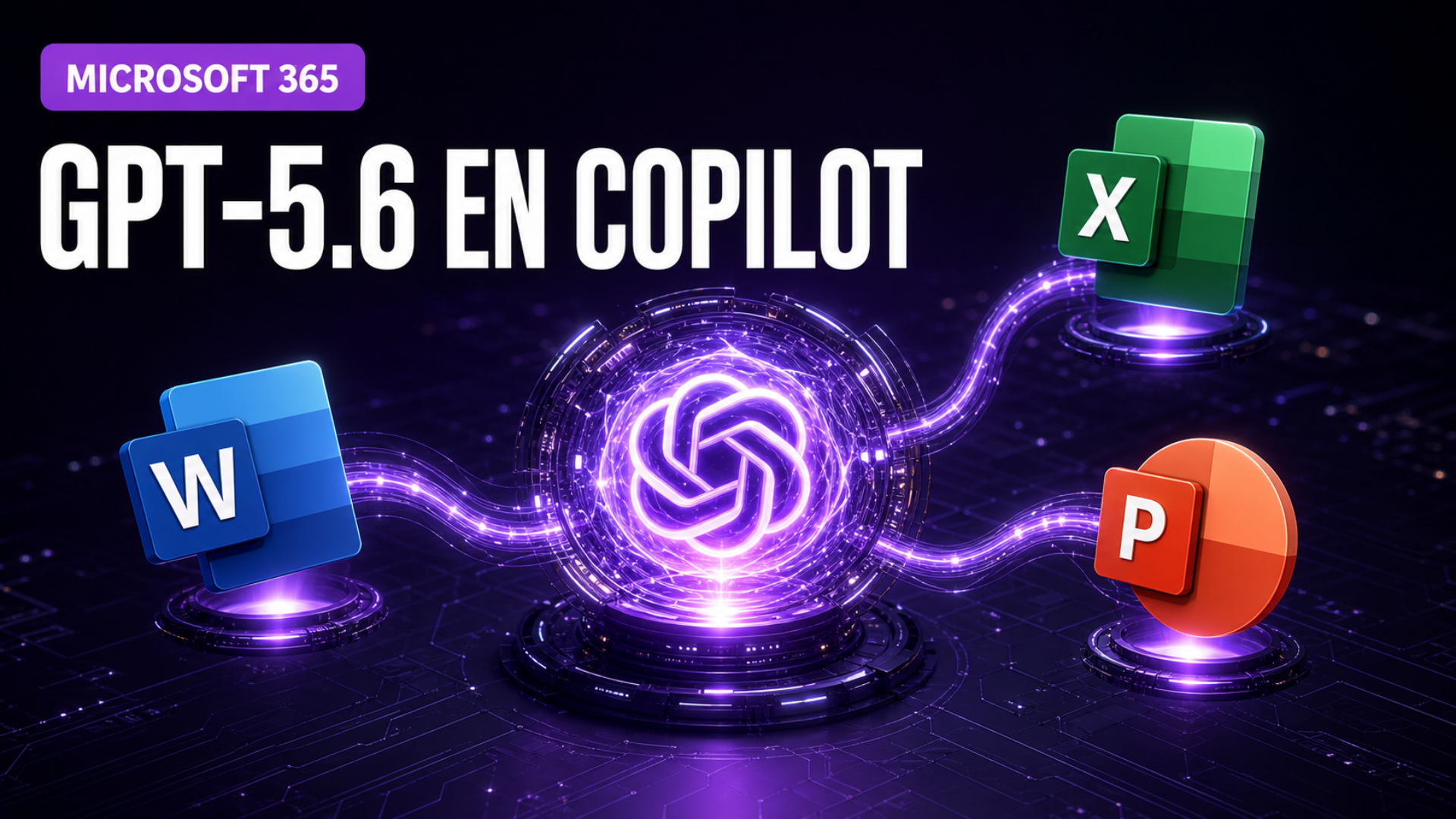 Ilustración editorial de la IA de Copilot integrada al ecosistema de Microsoft 365 con Word, Excel y PowerPoint