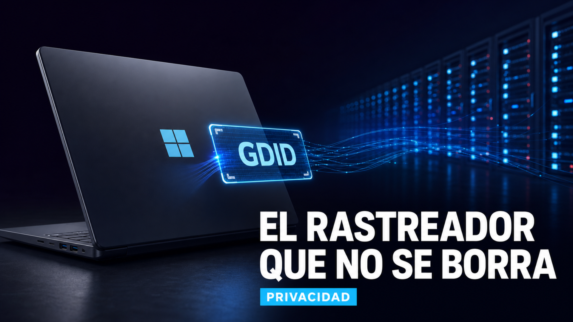 Ilustración editorial del identificador oculto de Windows como una matrícula digital imborrable sobre un ojo vigilante