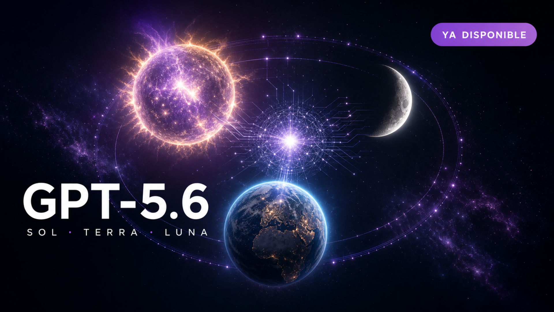 Ilustración editorial del lanzamiento de los modelos GPT-5.6 Sol, Terra y Luna de OpenAI
