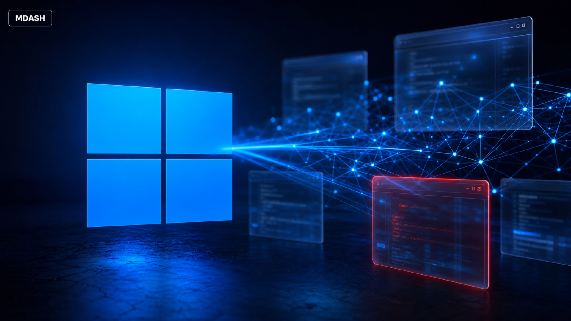 Ilustración editorial de una inteligencia artificial custodiando el escritorio de Windows contra fallas de seguridad