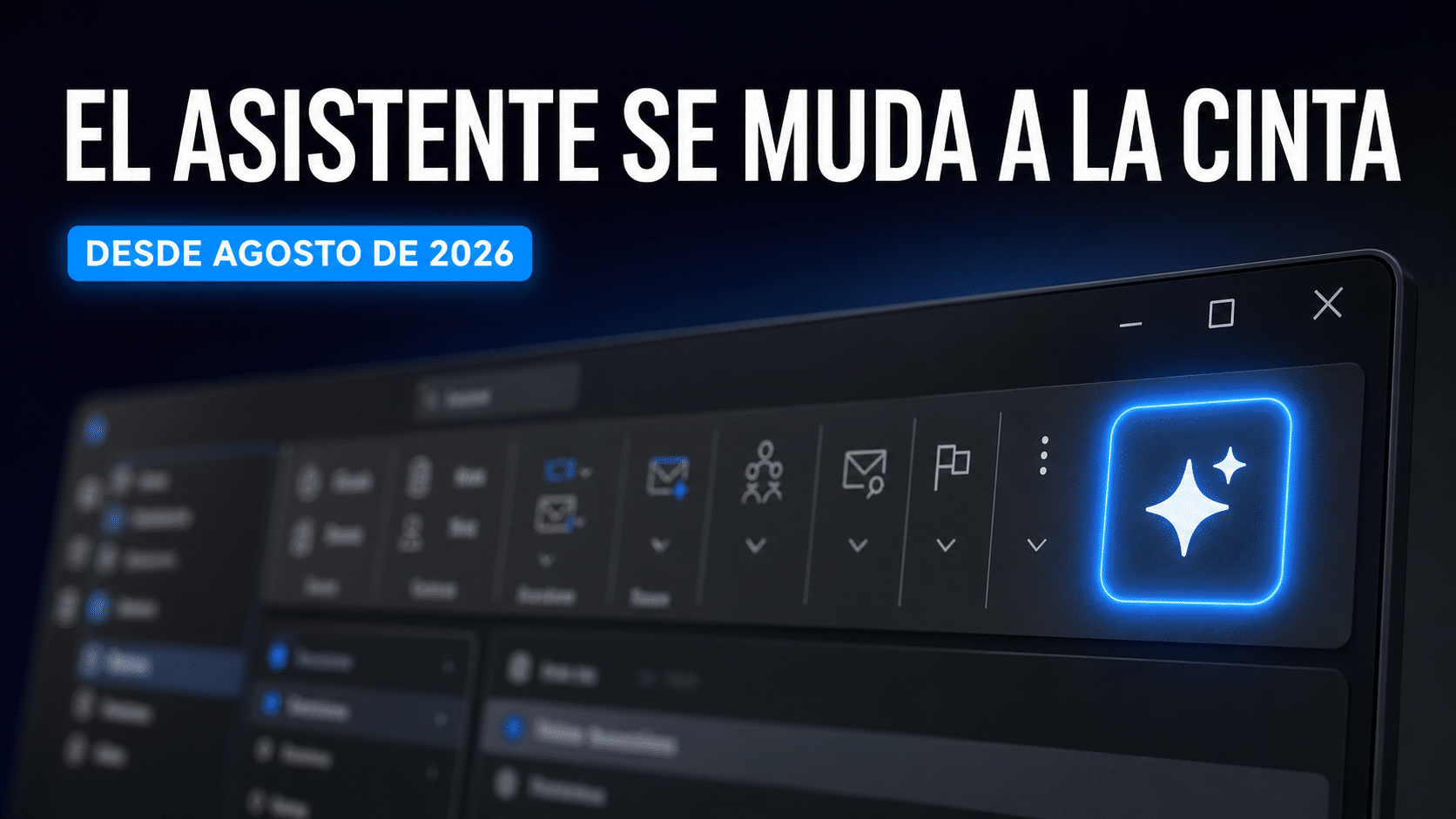 Arte editorial sobre el asistente de inteligencia artificial sumándose a la cinta del correo de escritorio