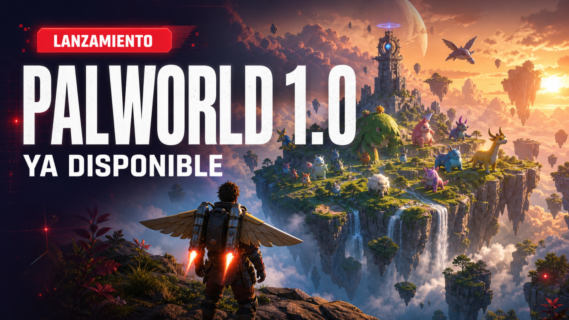Ilustración editorial del lanzamiento de la versión final de Palworld con sus criaturas y la isla flotante del cielo