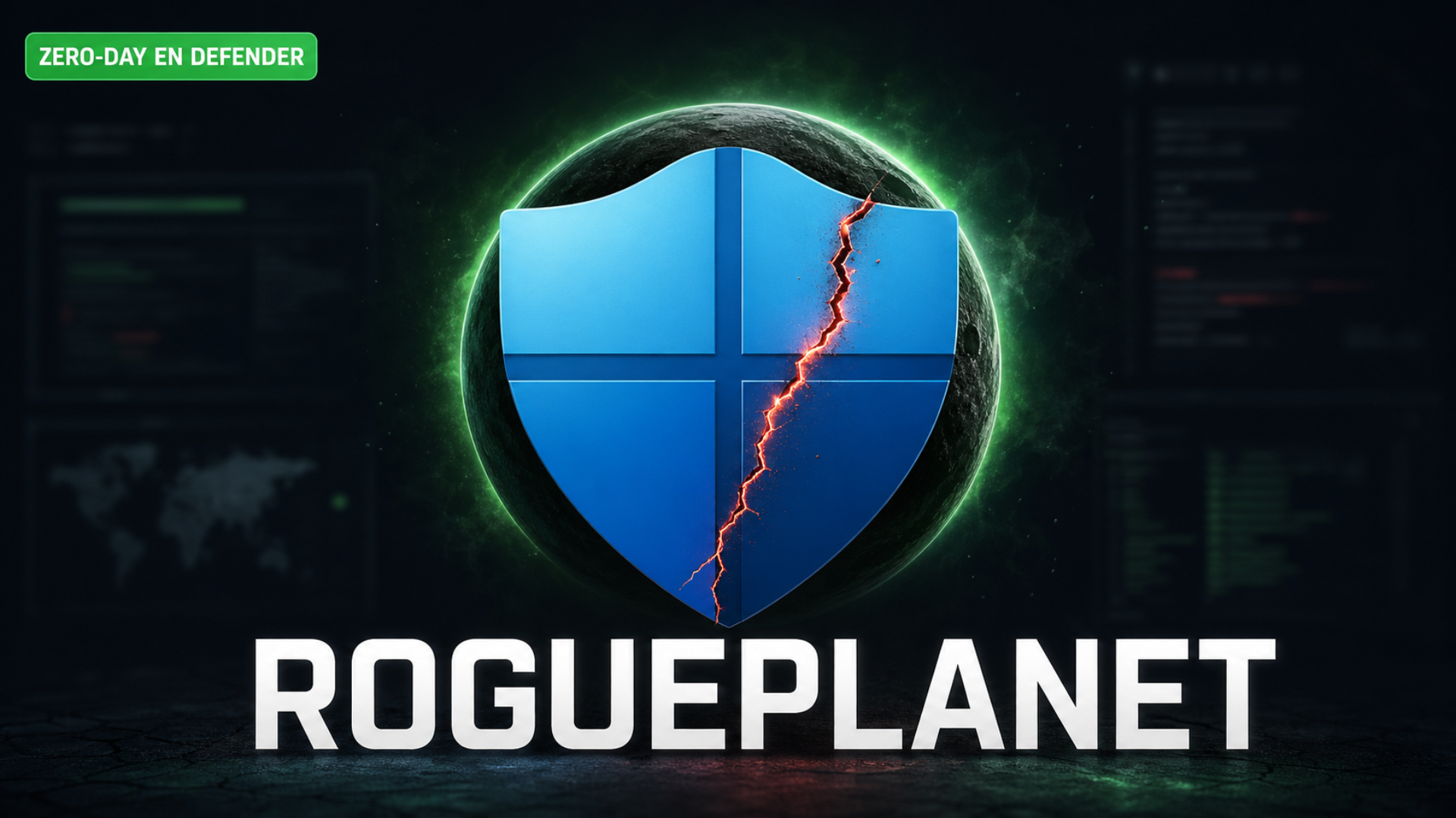 Ilustración editorial sobre el zero-day RoguePlanet en el antivirus Windows Defender