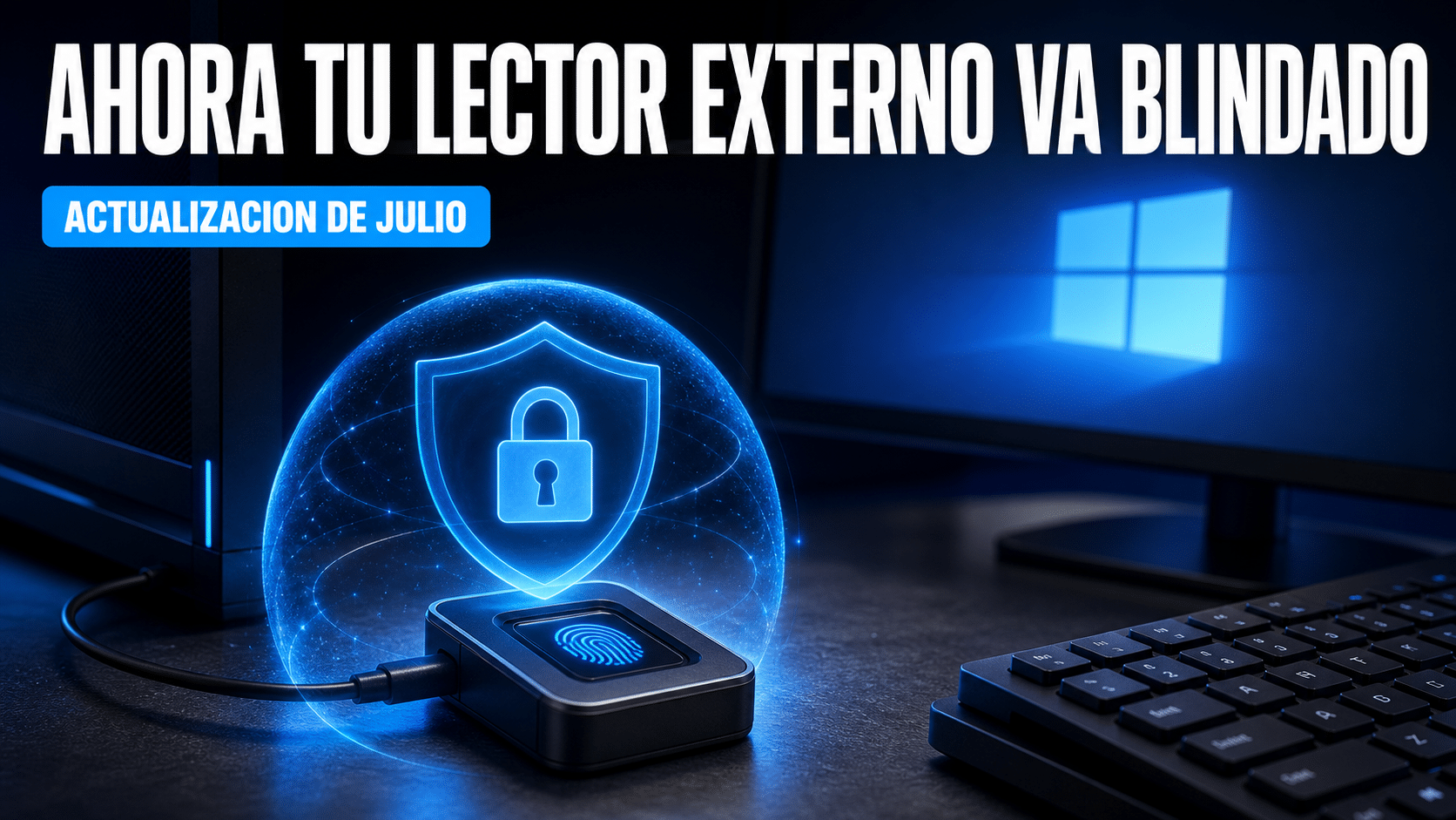 Arte editorial sobre la actualización de julio de Windows 11 y el inicio de sesión con huella