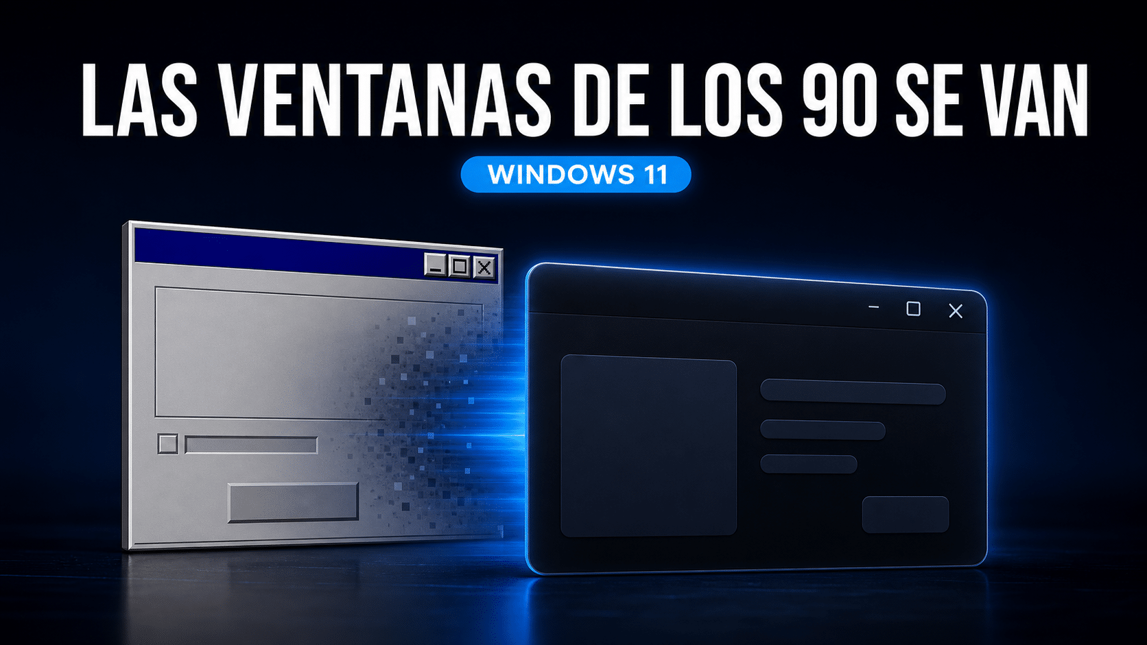 Arte editorial sobre la interfaz de Windows renovándose por capas de distintas épocas