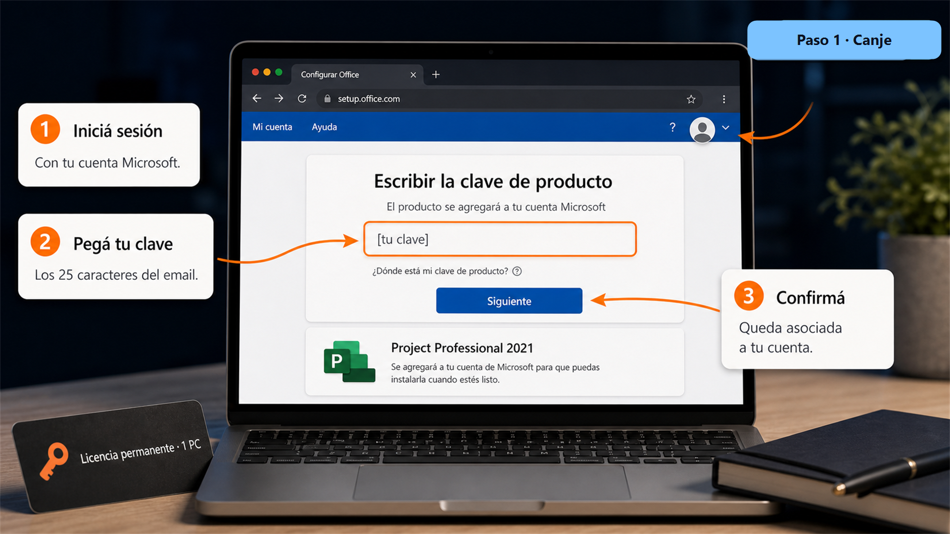 Pantalla de setup.office.com con el campo para canjear la clave de Project 2021 Professional