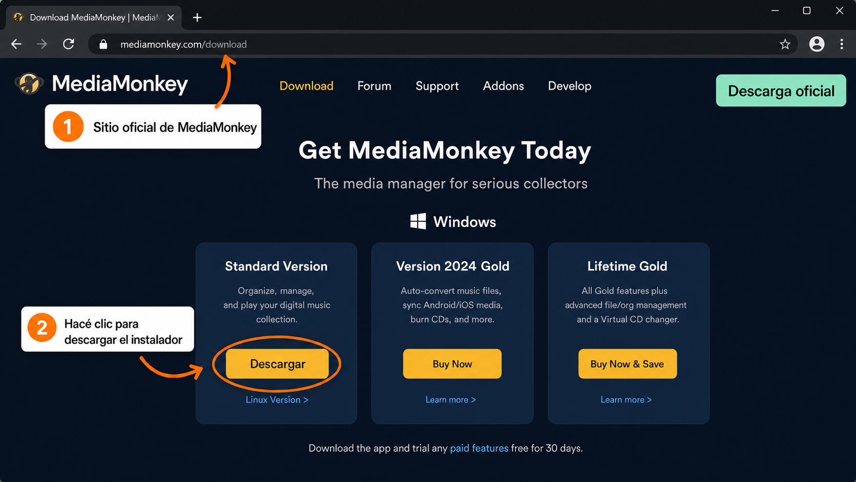 Descarga oficial de MediaMonkey Página oficial de descarga de MediaMonkey con el botón para descargar la versión actual