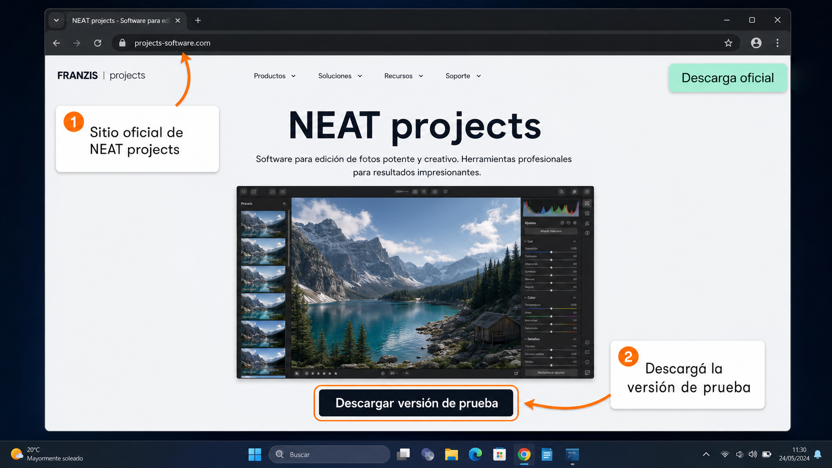 Descarga oficial de NEAT projects Sitio oficial de NEAT projects con el botón para descargar la versión de prueba