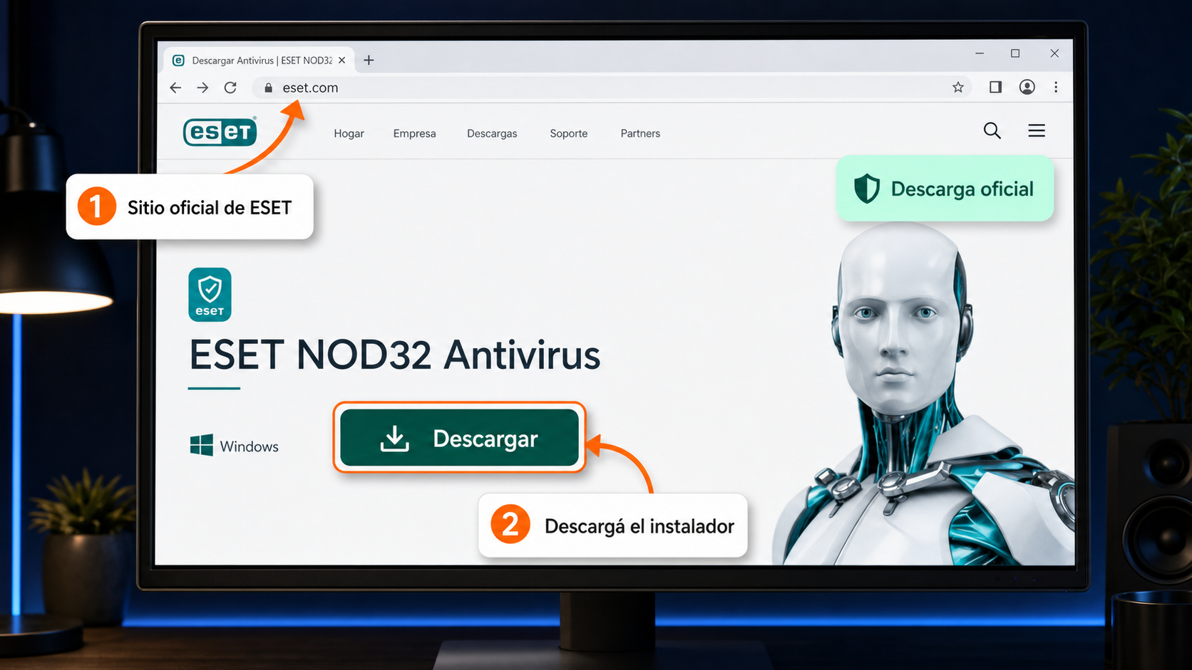 Sitio oficial de ESET con el botón para descargar el antivirus
