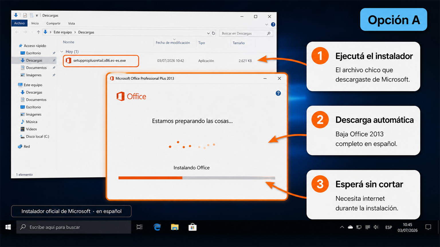 Instalador online oficial de Office 2013 descargando el programa en español