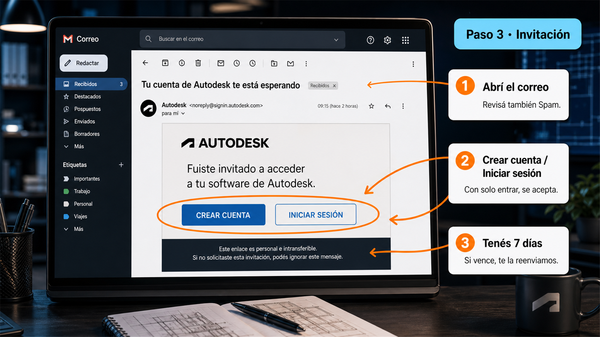 Correo de invitación de Autodesk para aceptar y activar la cuenta