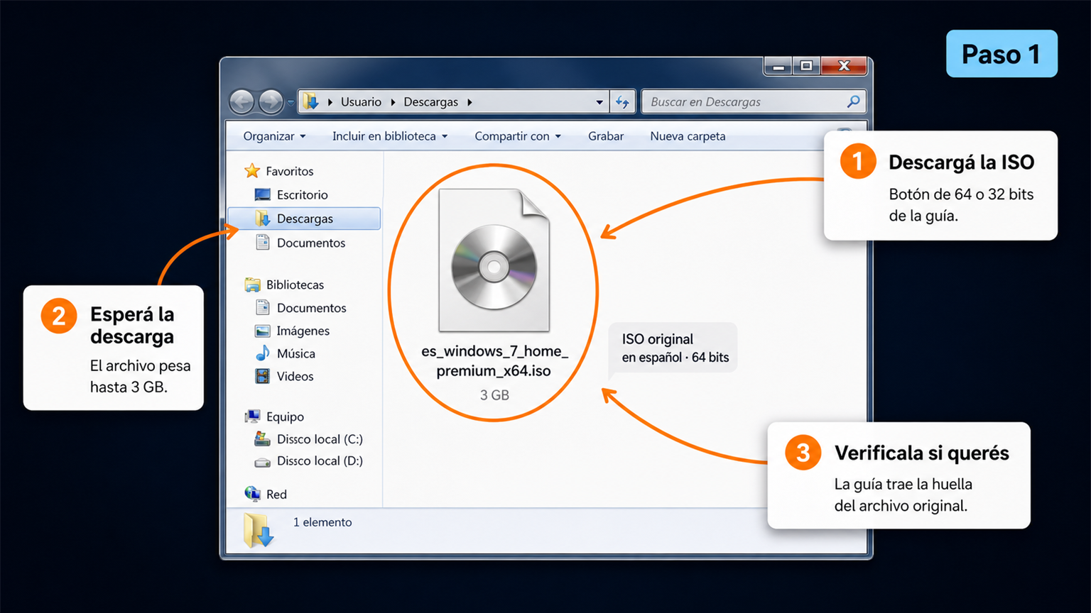 Descarga de la ISO de Windows 7 Home Premium en español de 64 bits