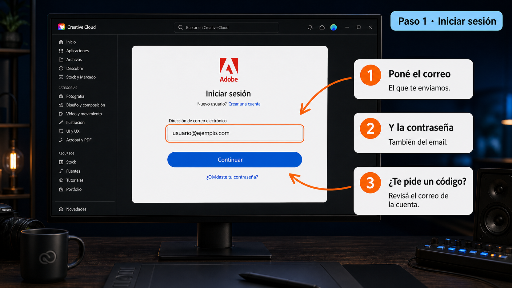 Inicio de sesión en la app Creative Cloud de escritorio con el correo de la cuenta