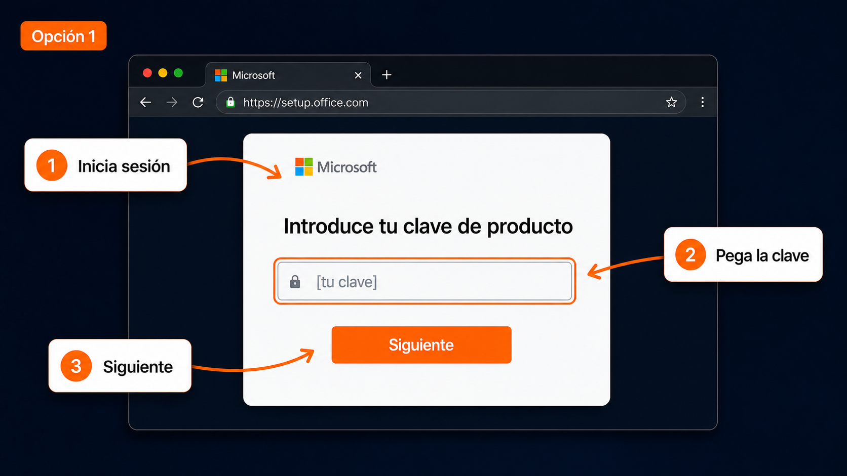 Pantalla de setup.office.com para ingresar una clave de Office 2016