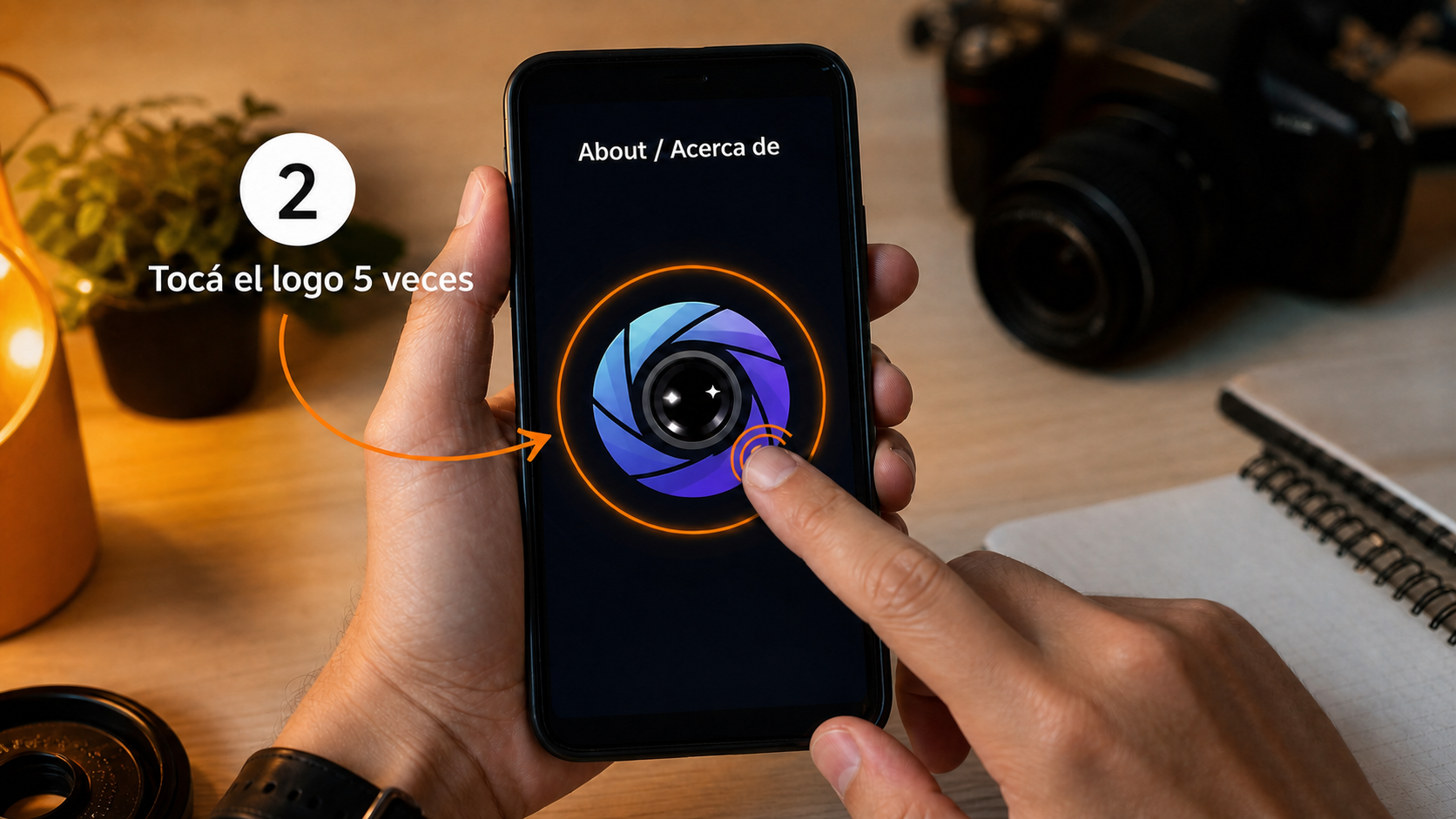 Pantalla About de la app Nero Lens donde se toca el logo cinco veces para activar