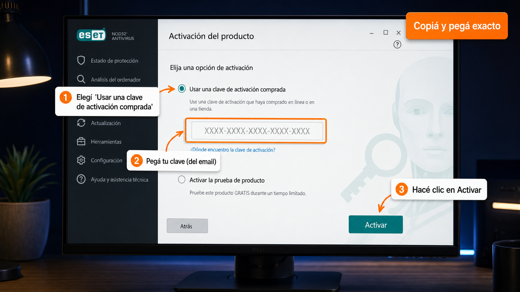 Ventana de activación de ESET para ingresar la clave de activación