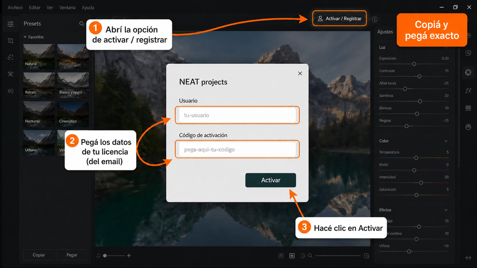 Activar NEAT projects con tu licencia Ventana de activación de NEAT projects para ingresar la licencia