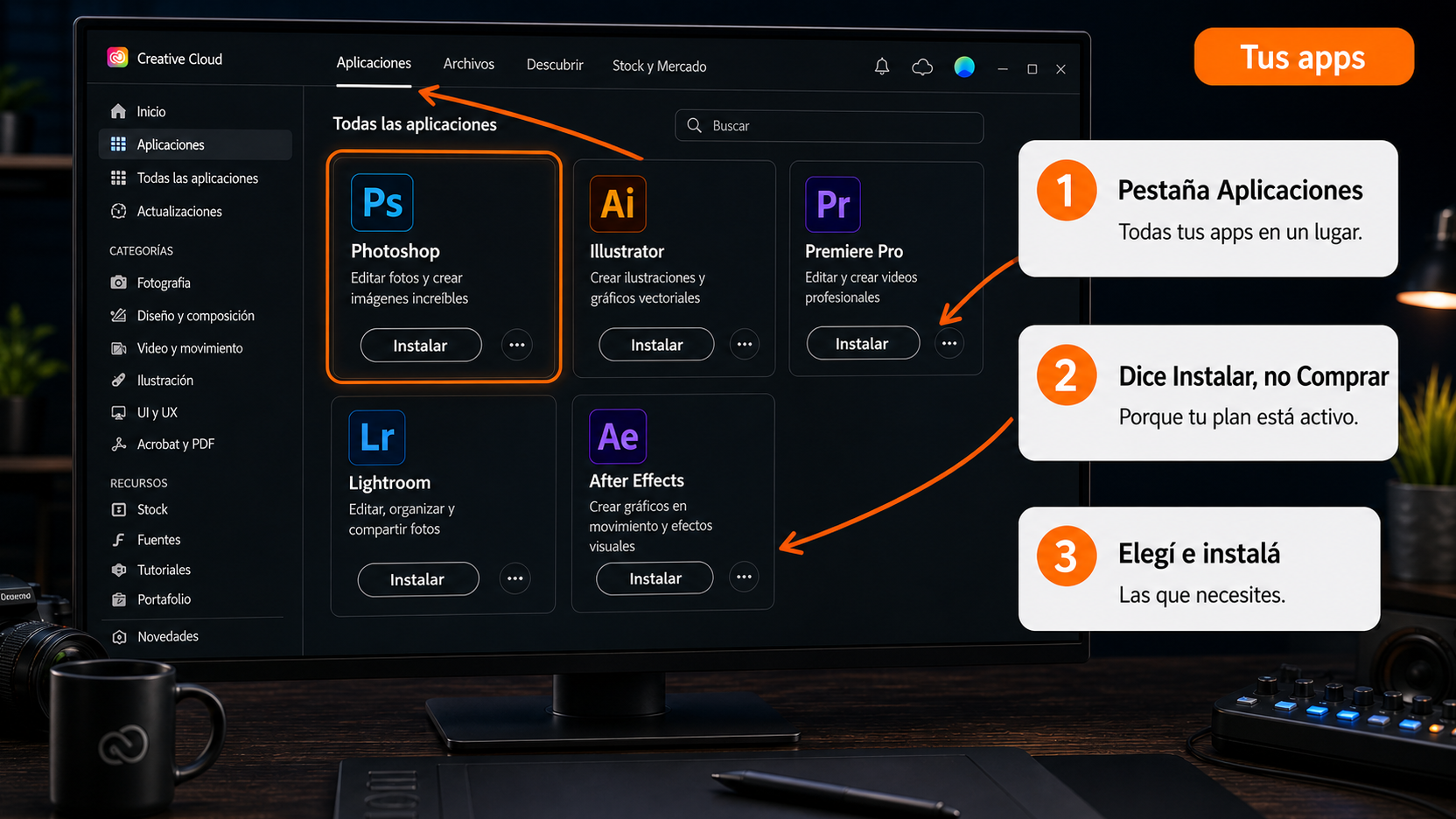 Pestaña Aplicaciones de Creative Cloud con botones Instalar en Photoshop, Illustrator y Premiere