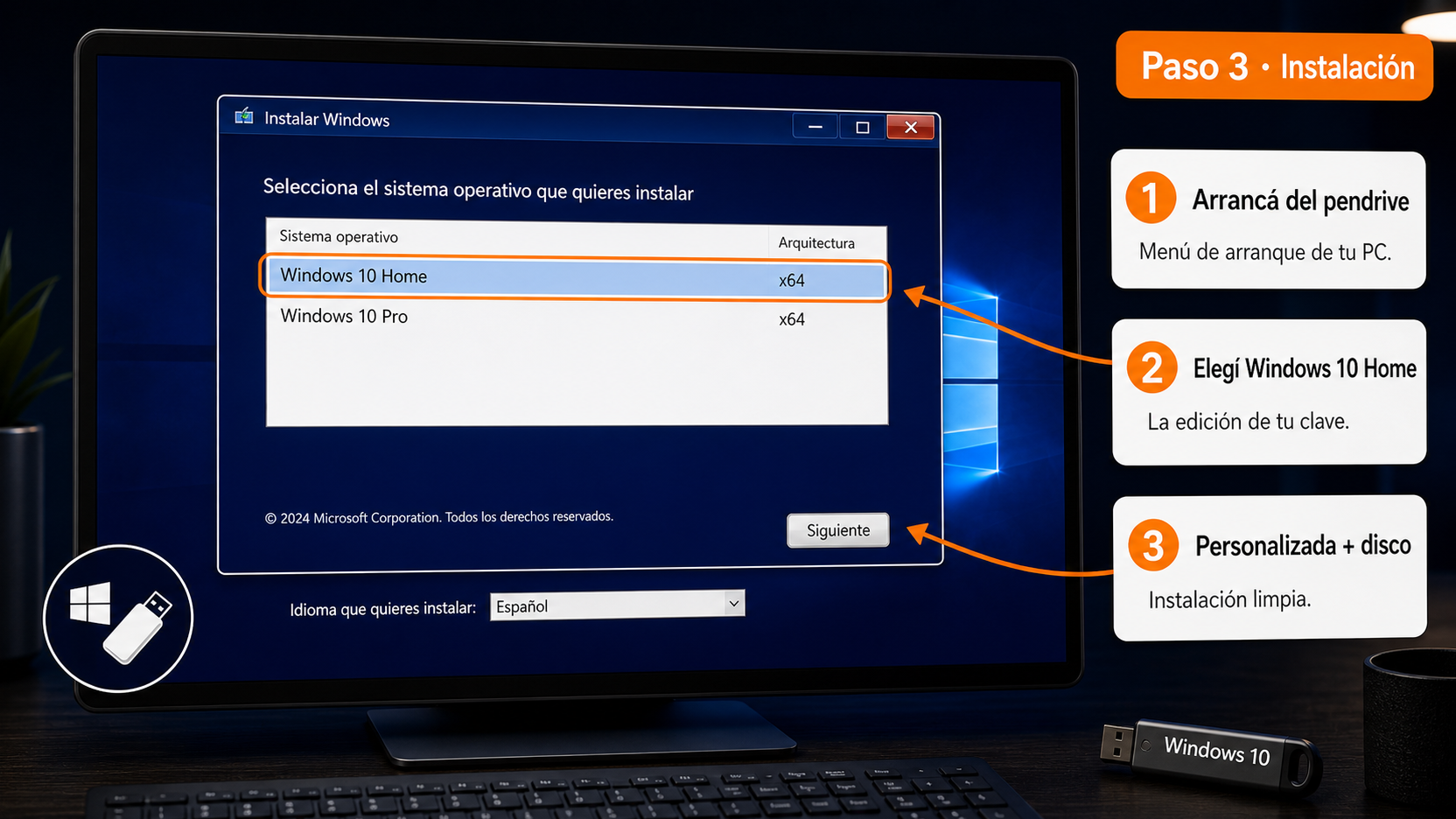 Instalación de Windows 10 en español, eligiendo la edición Home