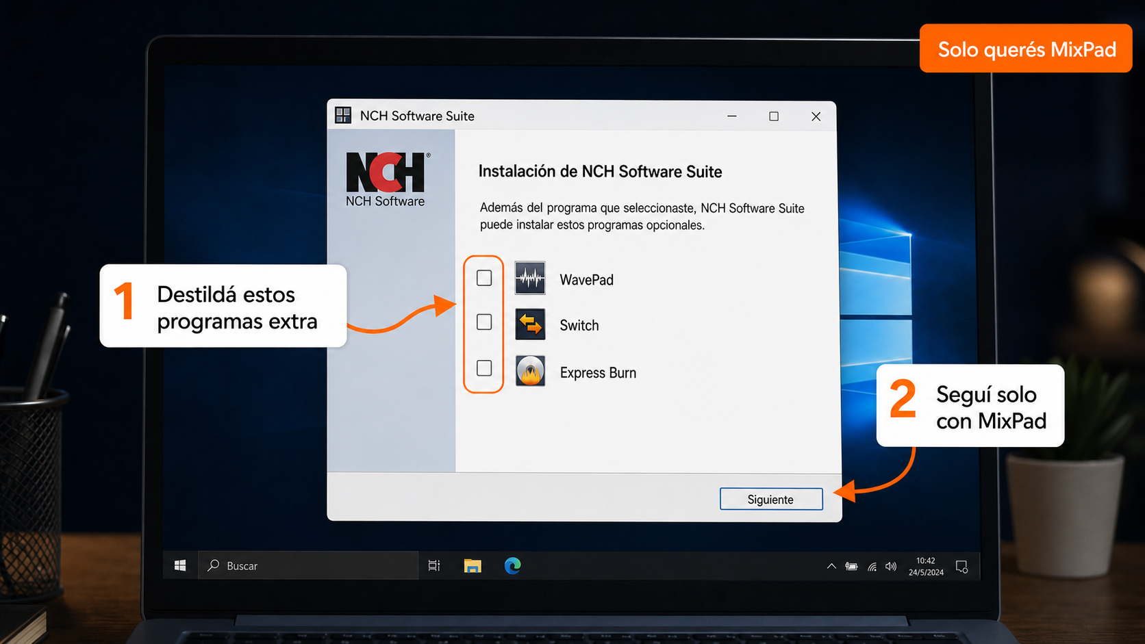 Pantalla del instalador de MixPad con las ofertas de otros programas NCH para destildar