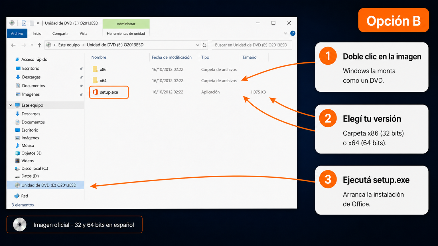 Imagen de disco de Office 2013 montada en Windows con carpetas de 32 y 64 bits