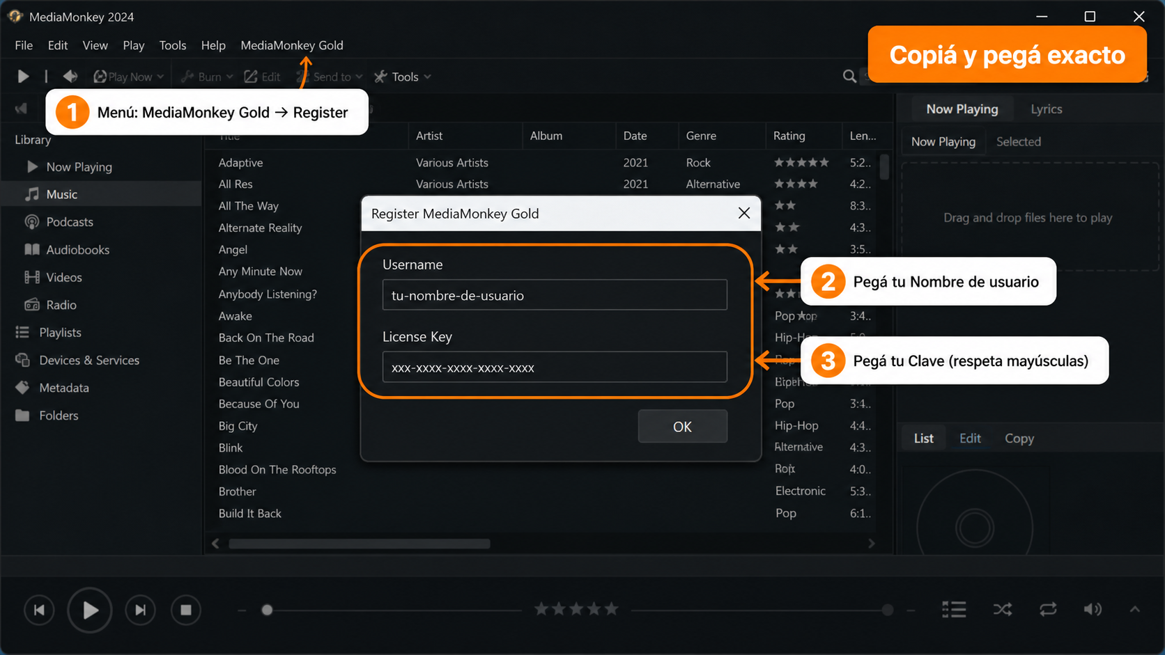 Registrar MediaMonkey Gold con tu clave Ventana de registro de MediaMonkey Gold con los campos de nombre de usuario y clave de licencia