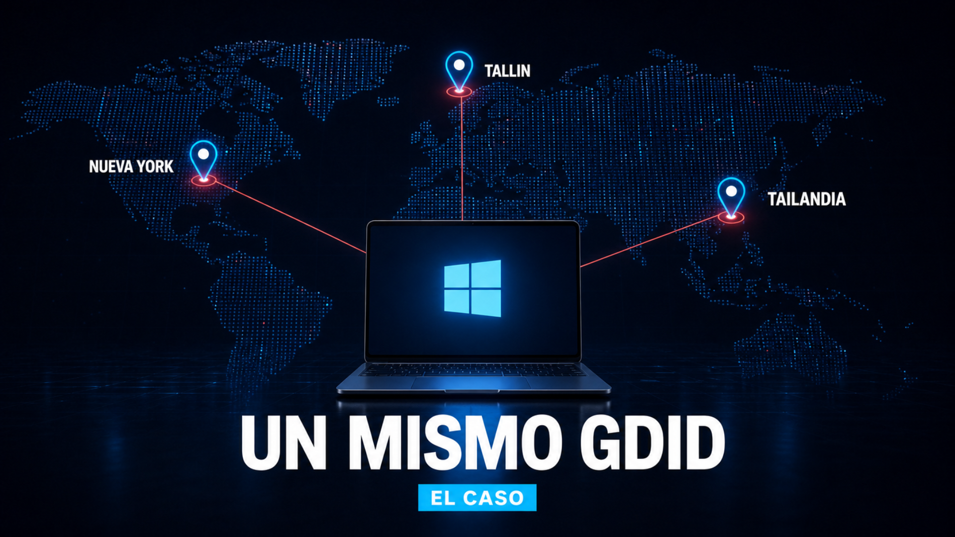 Ilustración editorial de la investigación del FBI cruzando el identificador de un dispositivo entre países