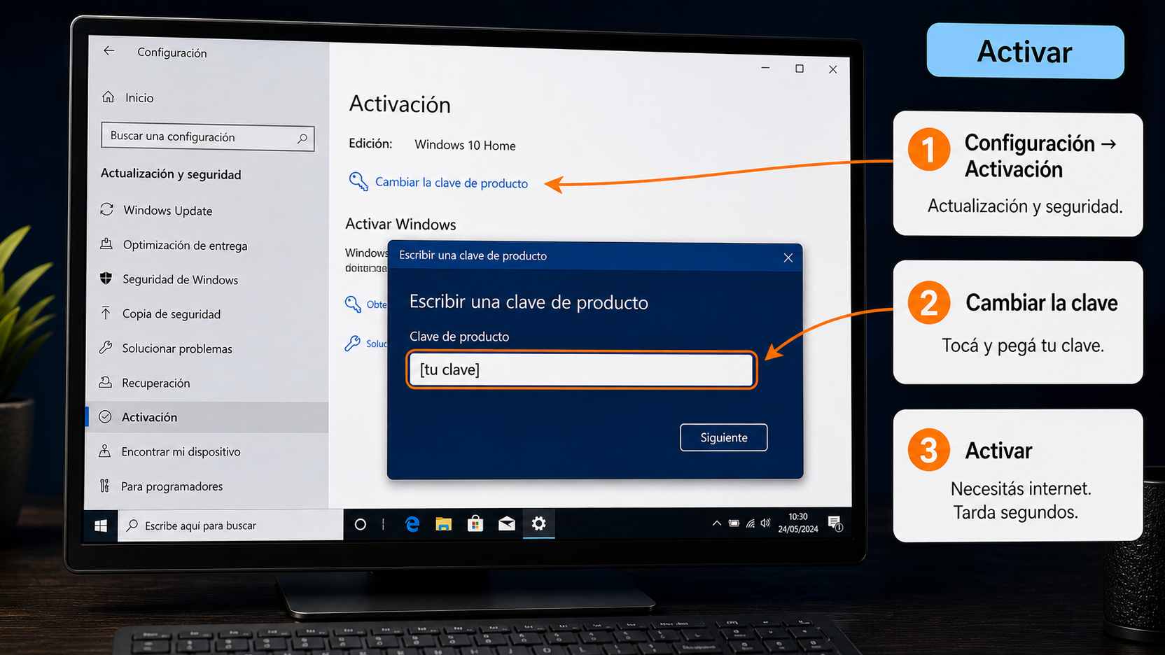 Configuración de Windows 10 en Activación con la opción Cambiar la clave de producto
