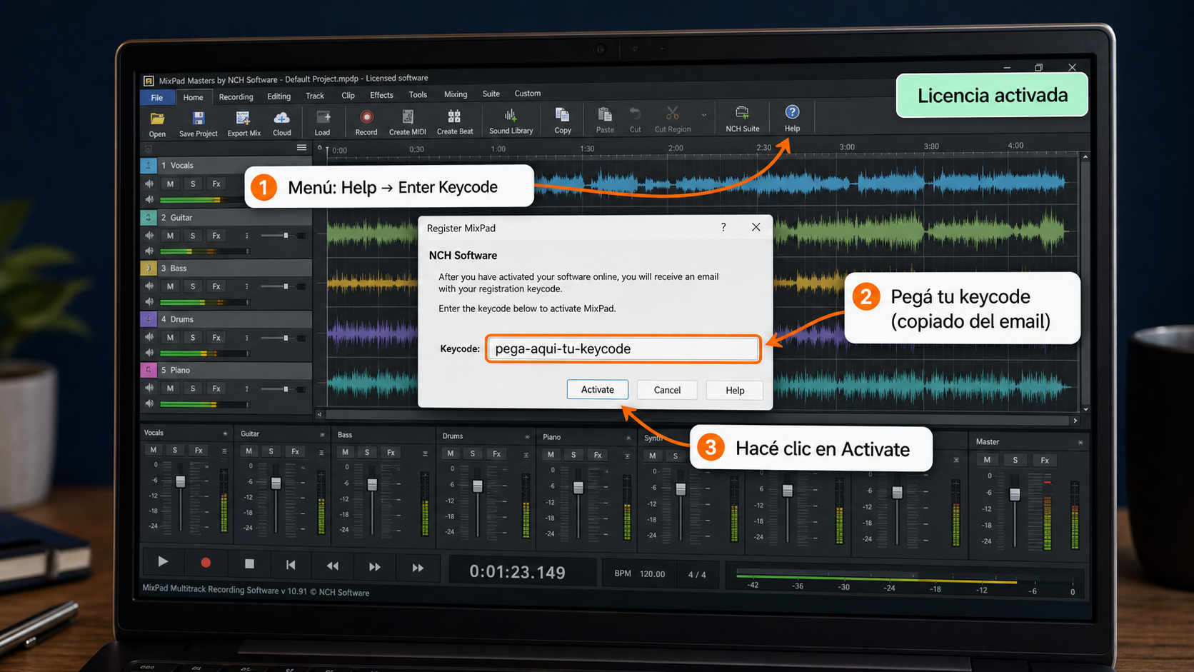 Ventana de MixPad para ingresar el keycode y activar la licencia