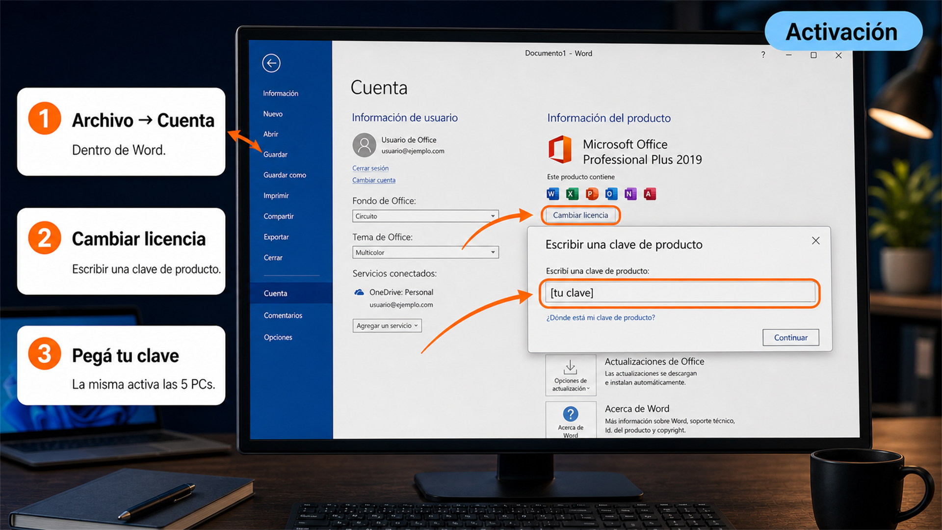 Word mostrando Archivo Cuenta con la opción para escribir la clave de producto de Office 2019
