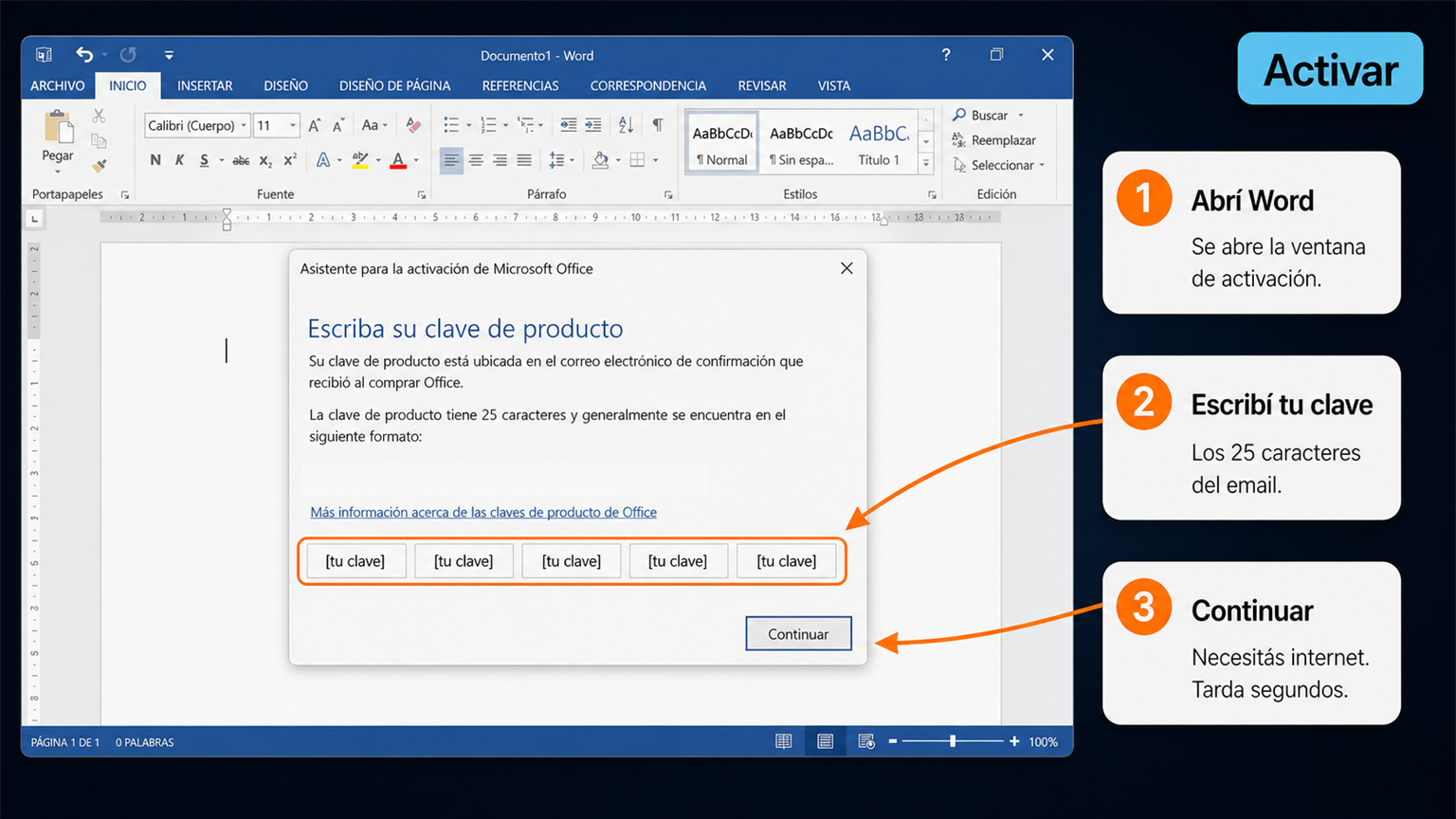 Word 2013 con la ventana para escribir la clave de producto de Office
