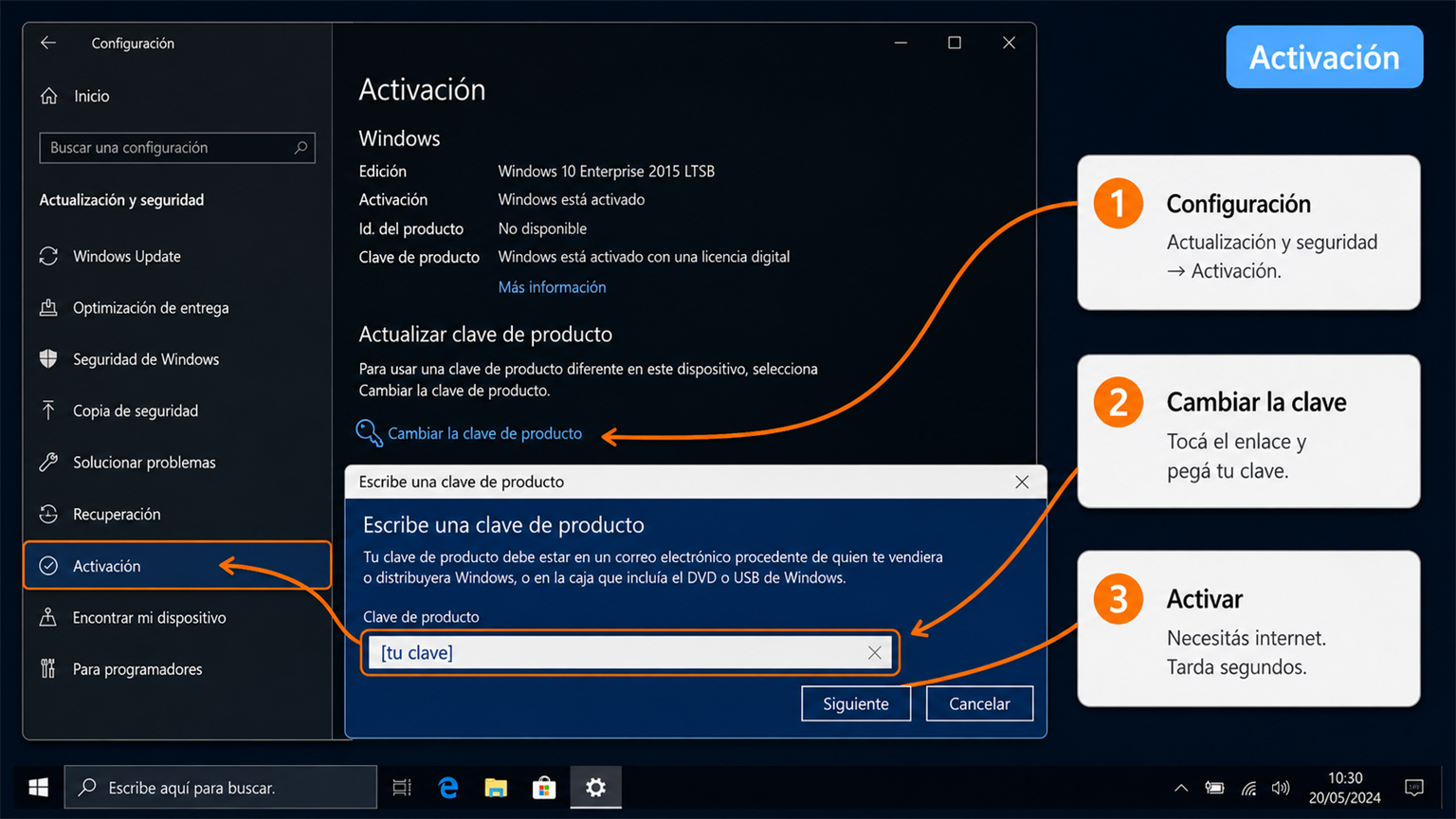 Activar Windows 10 Enterprise LTSB 2015 con clave de producto desde Configuración