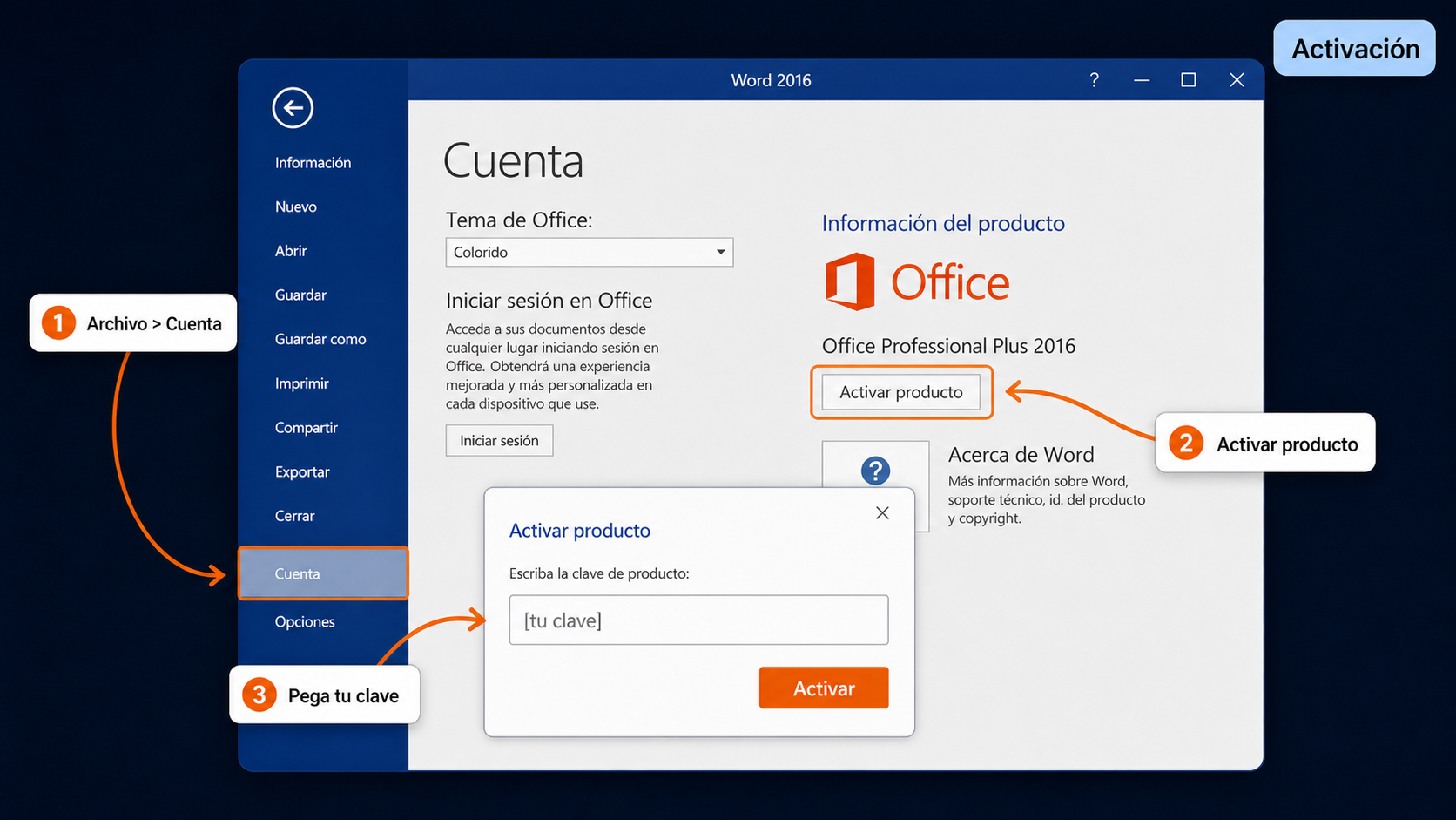 Word 2016 solicitando clave de producto para activar Office