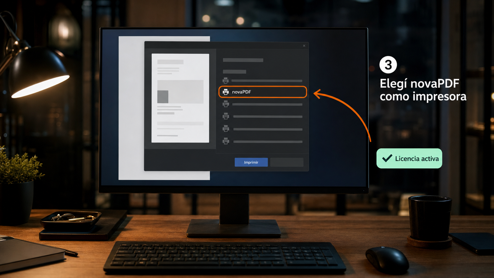 Diálogo de imprimir de Windows con la impresora novaPDF 11 seleccionada para crear un PDF