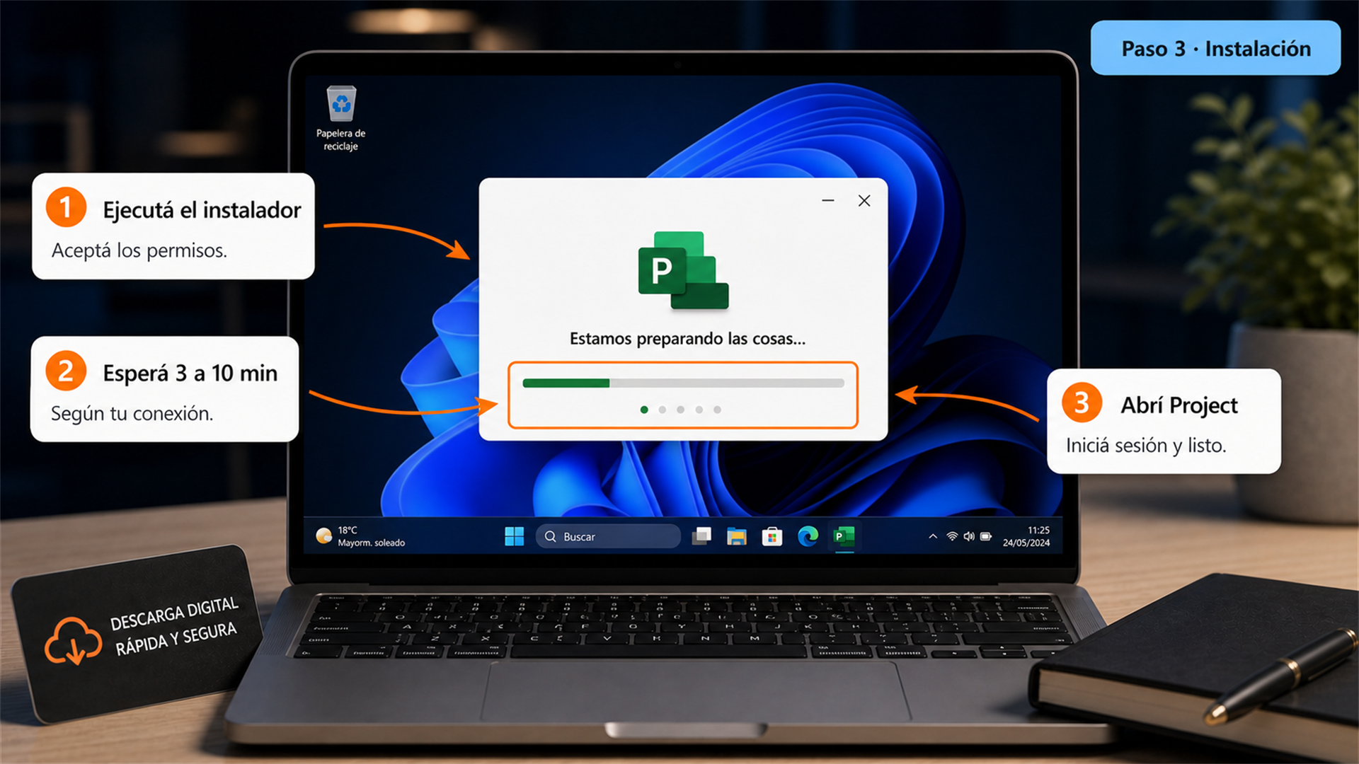 Instalación de Microsoft Project 2021 Professional en curso en Windows