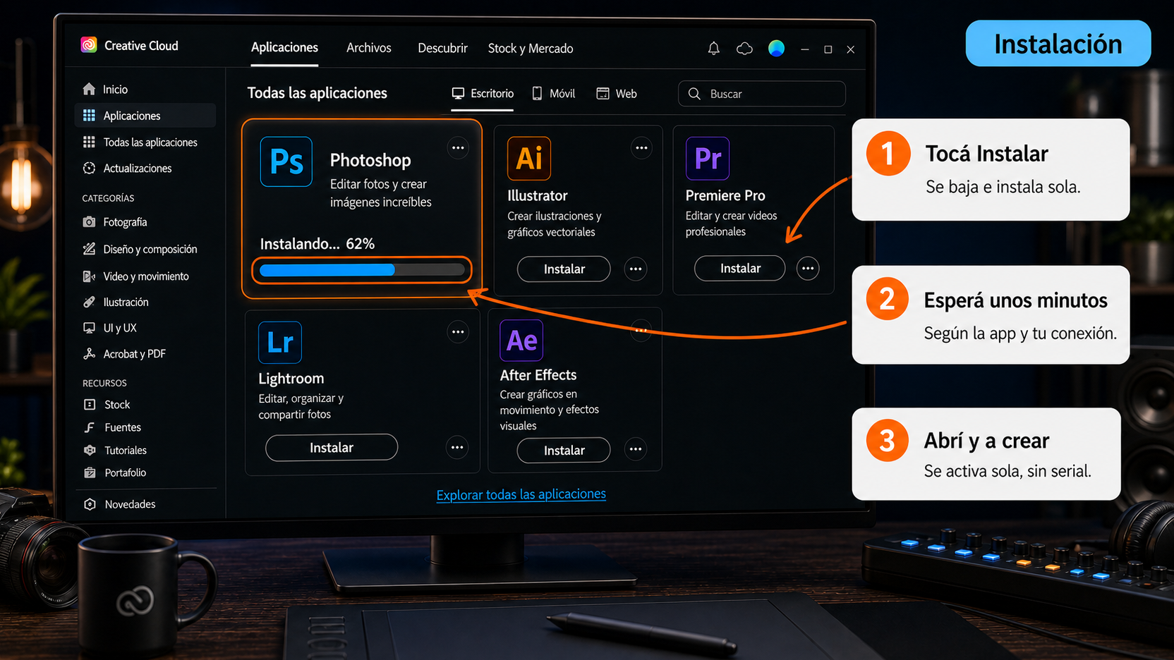 Instalación de Photoshop en curso desde la app Creative Cloud de escritorio