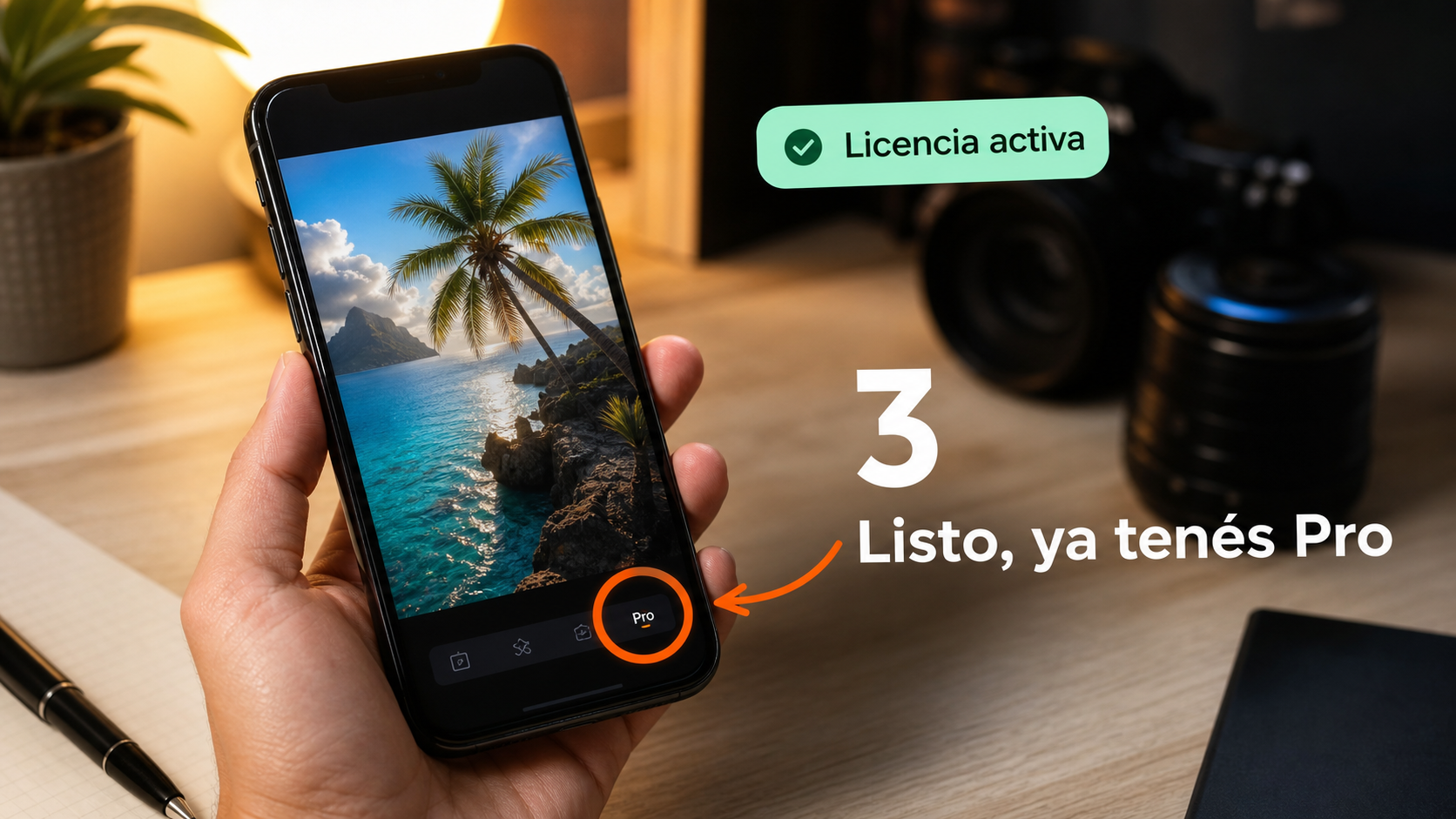 App Nero Lens activada en Pro mostrando una foto mejorada con IA en el celular