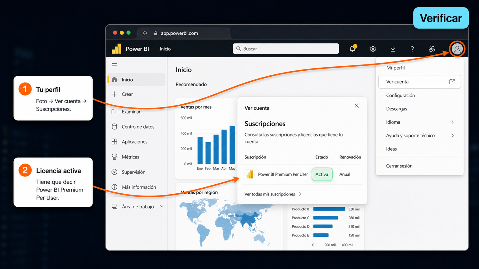 Confirmar la licencia Power BI Premium Per User en app.powerbi.com