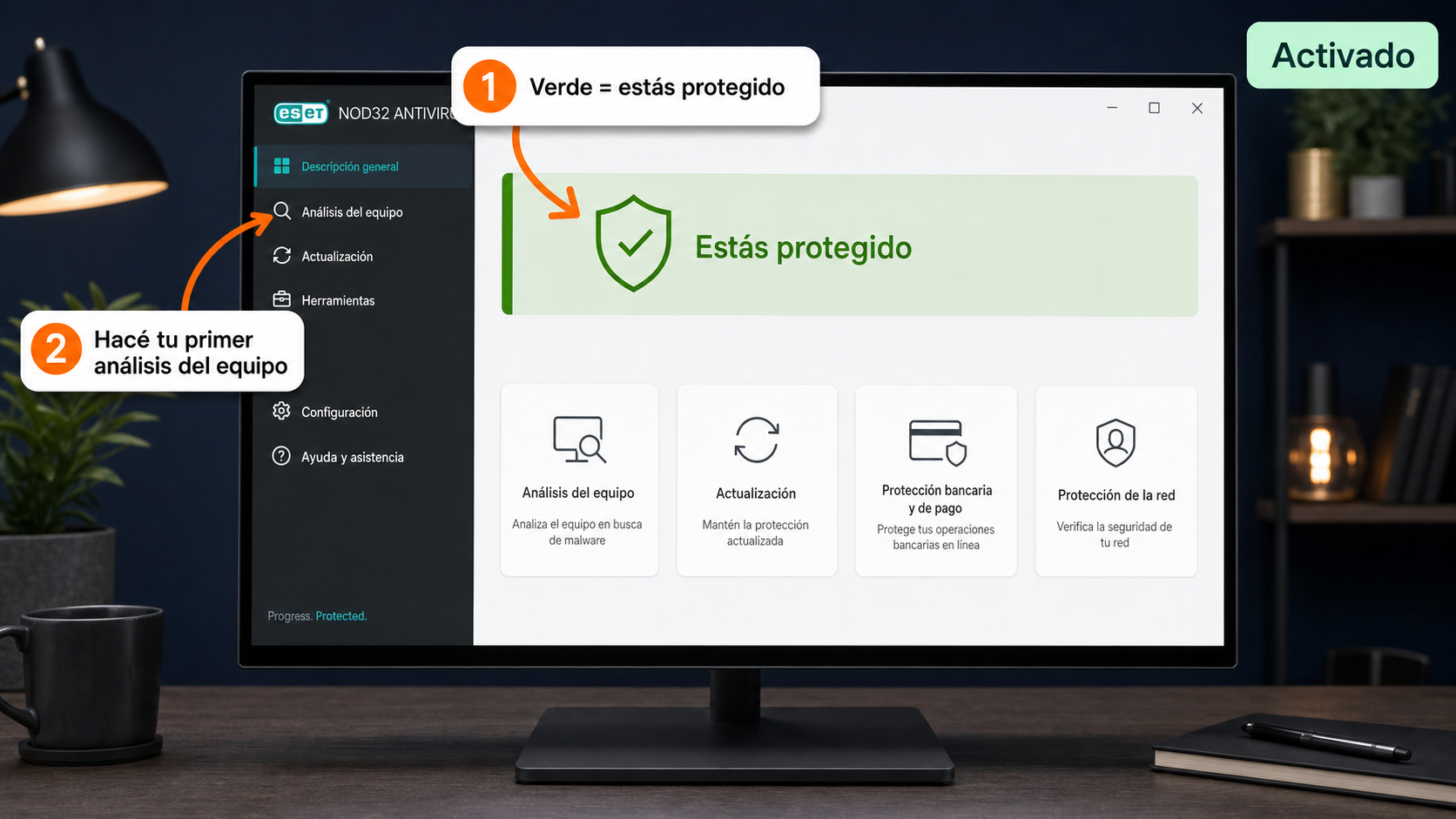 Ventana principal de ESET NOD32 mostrando el estado protegido en verde