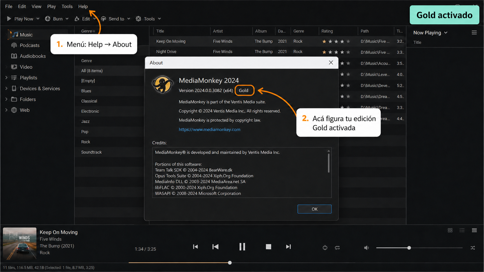 Verificar que MediaMonkey Gold está activo Ventana Acerca de de MediaMonkey mostrando la edición Gold activada