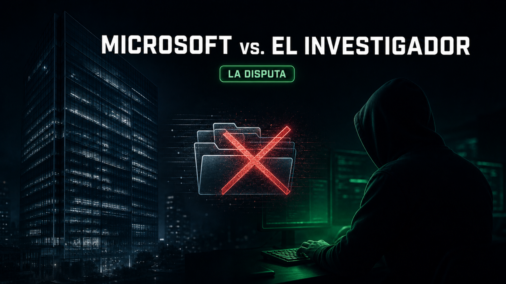Ilustración editorial del enfrentamiento entre una corporación y un investigador de seguridad anónimo