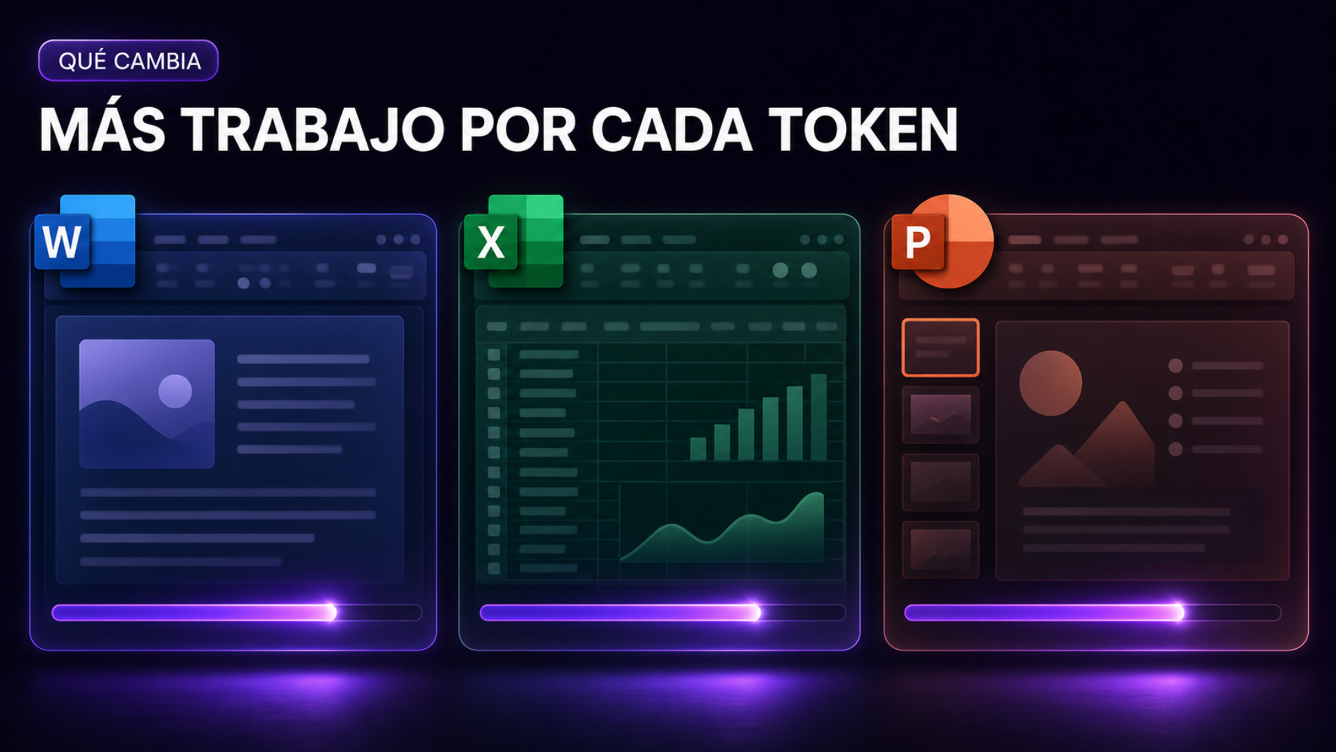Ilustración de Word, Excel y PowerPoint potenciados por la IA de Copilot